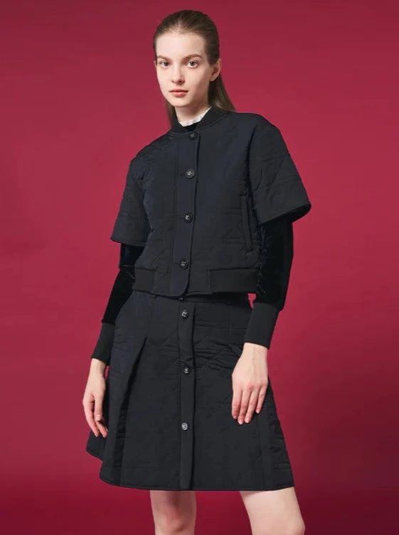 QUILTED PADDING HALF-SLEEVE OUTER JACKET-BLACK