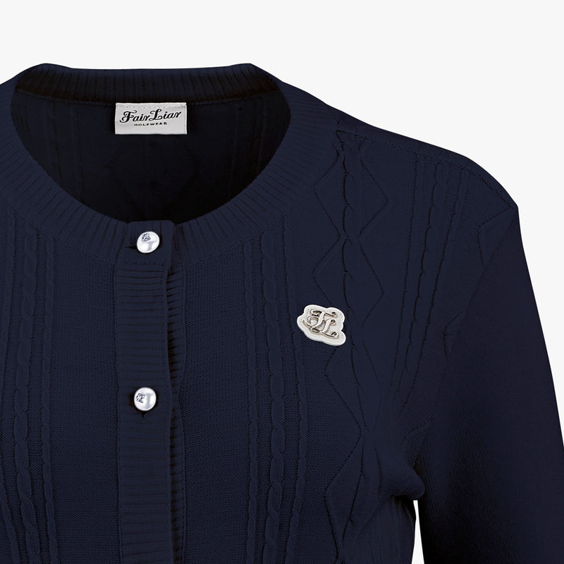 CABLE POCKET ROUND NECK CARDIGAN-NAVY
