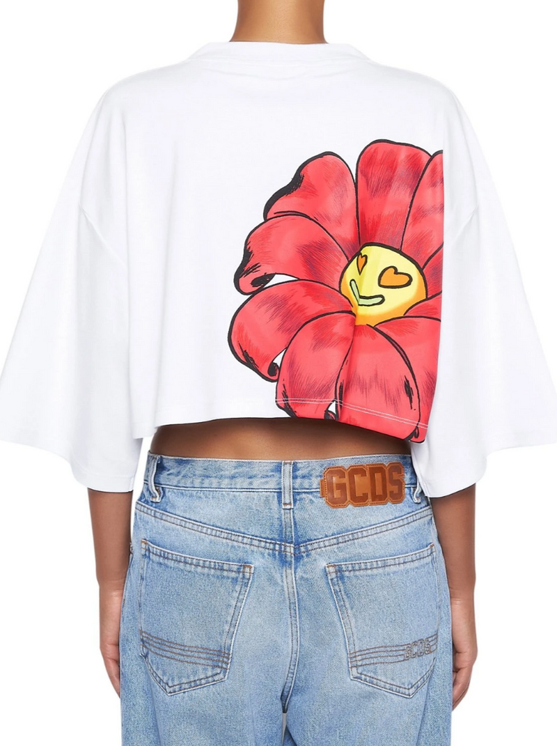 WHITE CROP T-SHIRT WITH DAISY PRINT