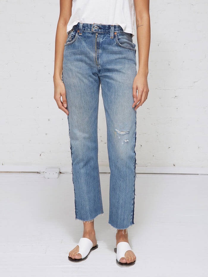 INDIGO HIGH RISE RELAXED CROP EXPOSED ZIP JEANS