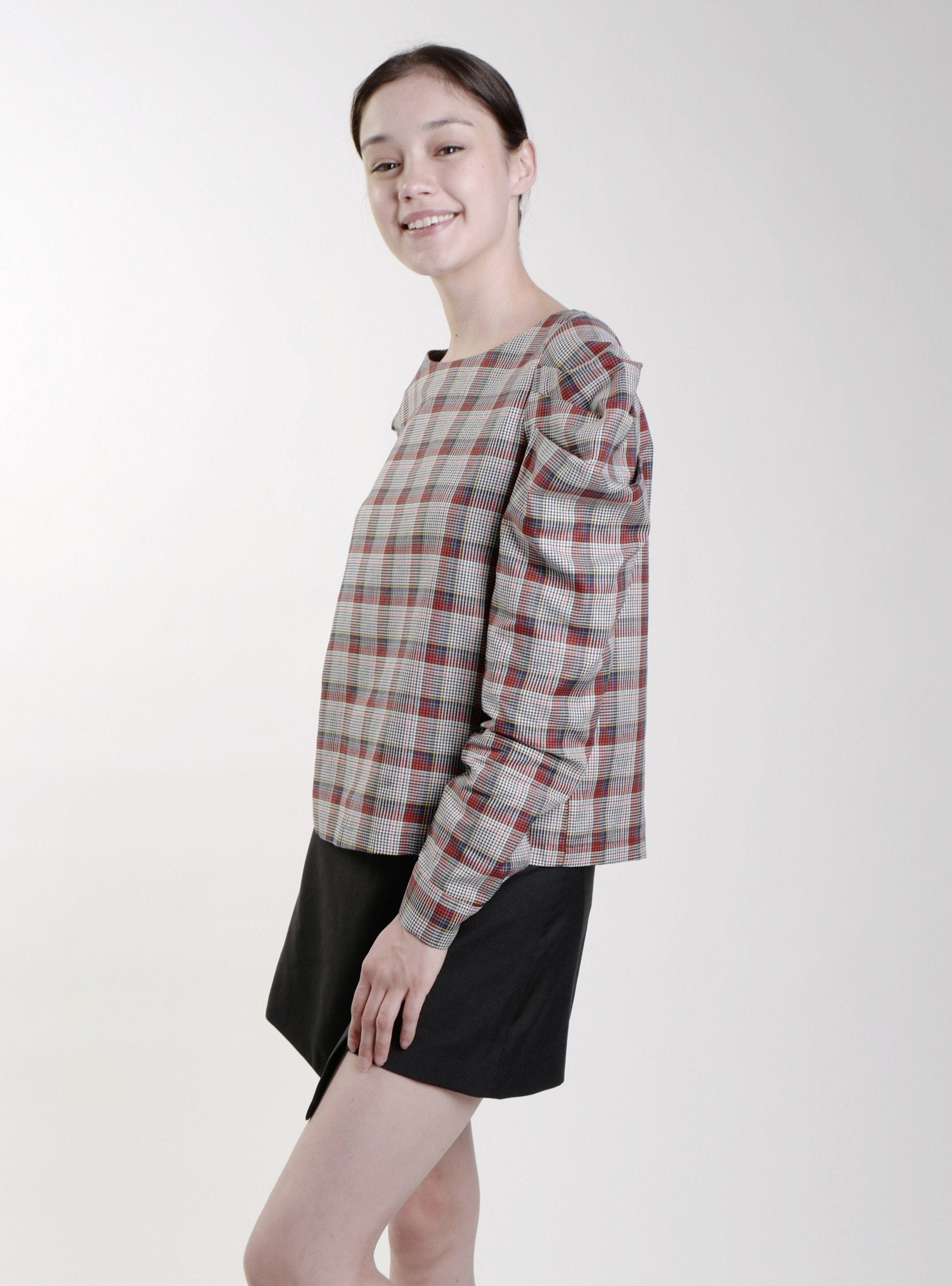 MULTI CHECK NELLY PUFFED SLEEVE TOP