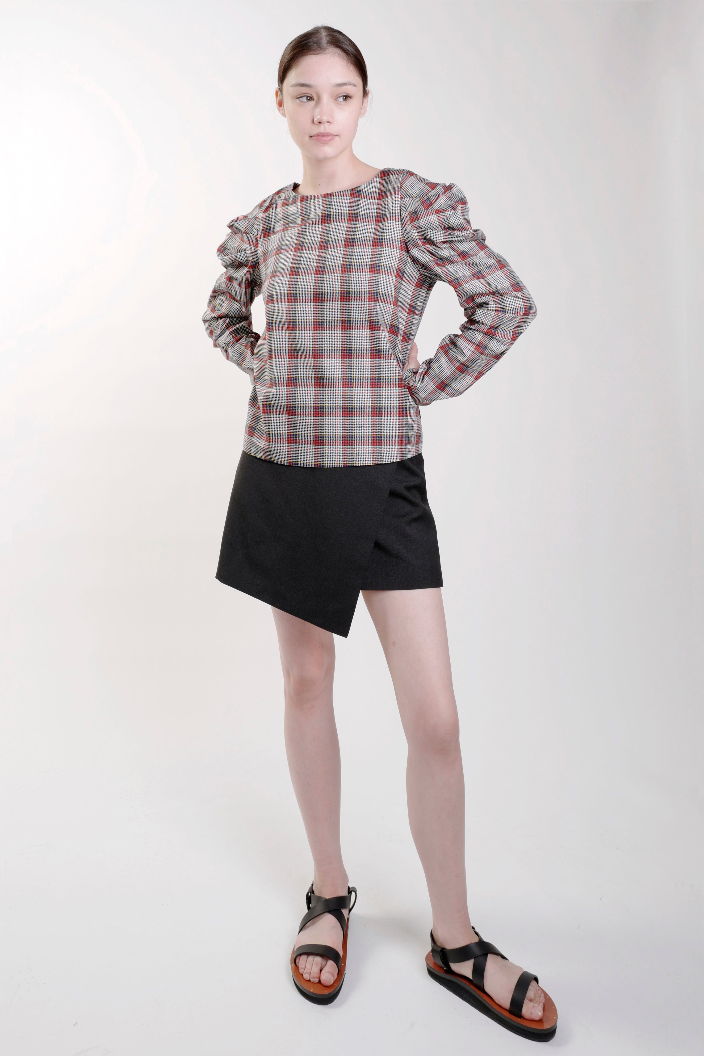 MULTI CHECK NELLY PUFFED SLEEVE TOP