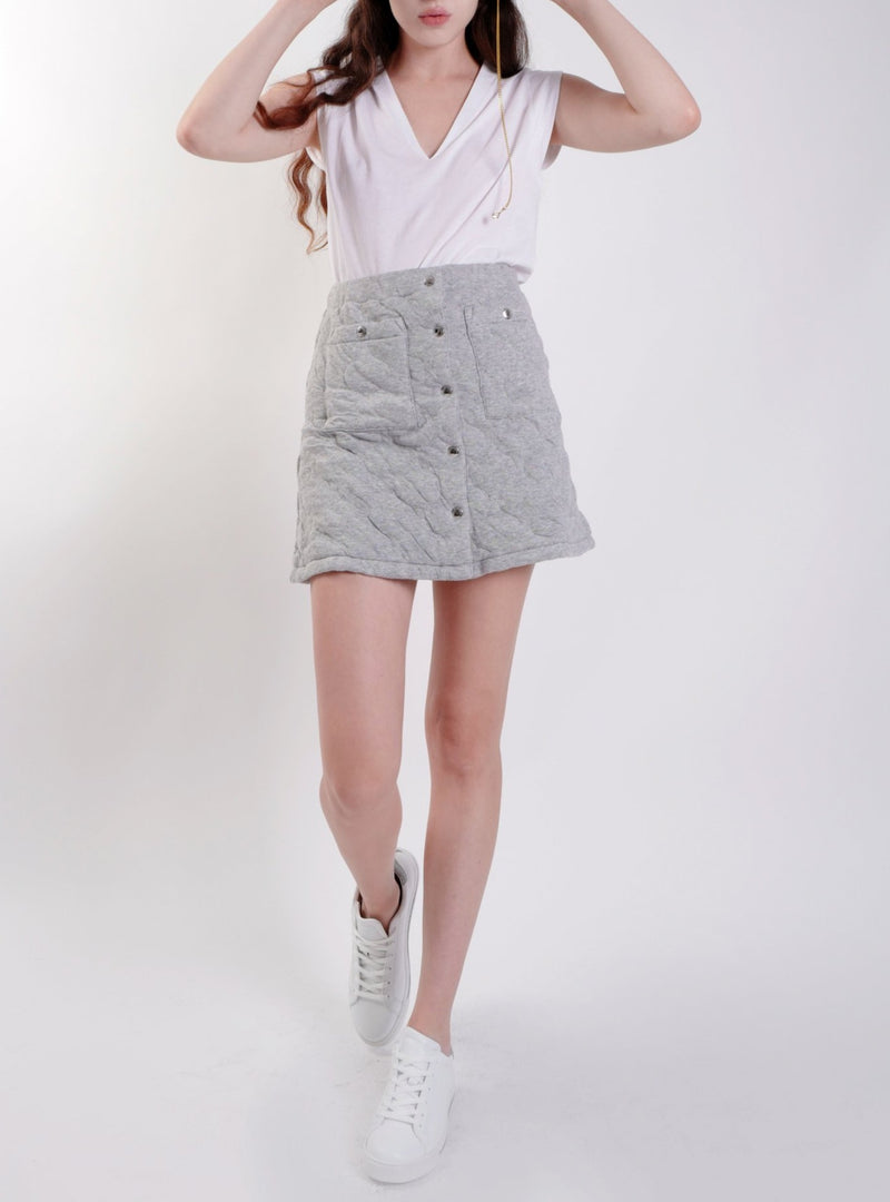 GREY QUILTED BUTTONED MINISKIRT