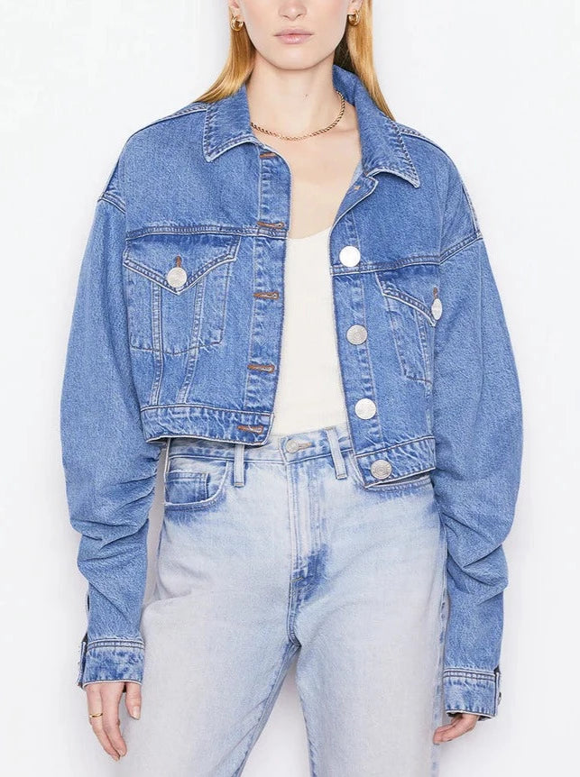 RUCHED SLEEVE DENIM JACKET IN SEA LEVEL