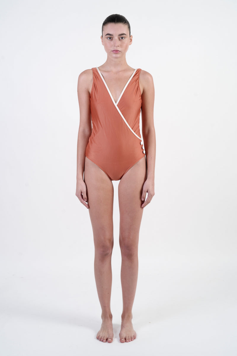 GINGER/OFFWHITE CROSS-FRONT SWIMSUIT WITH BUTTONS