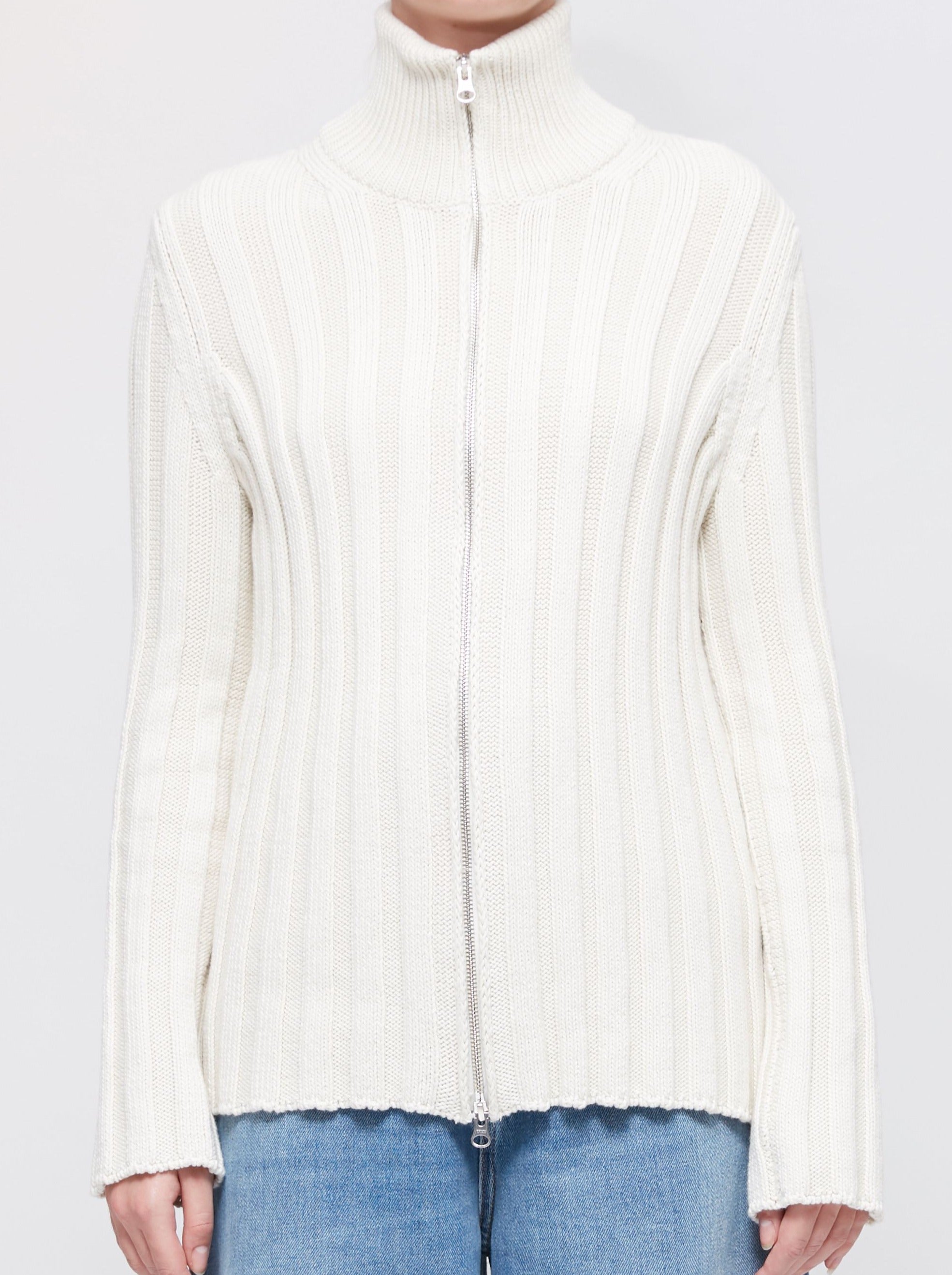 IVORY EMBROIDERED ZIP-UP RIBBED SWEATER