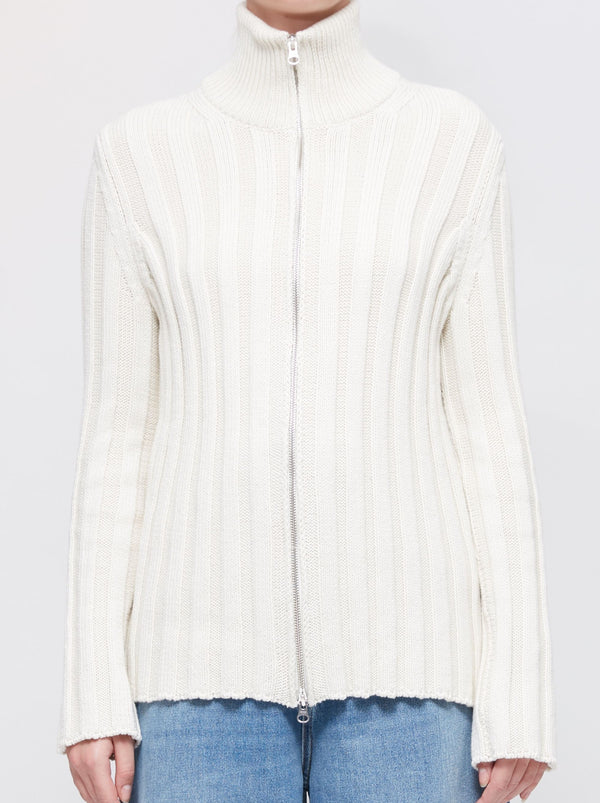 IVORY EMBROIDERED ZIP-UP RIBBED SWEATER