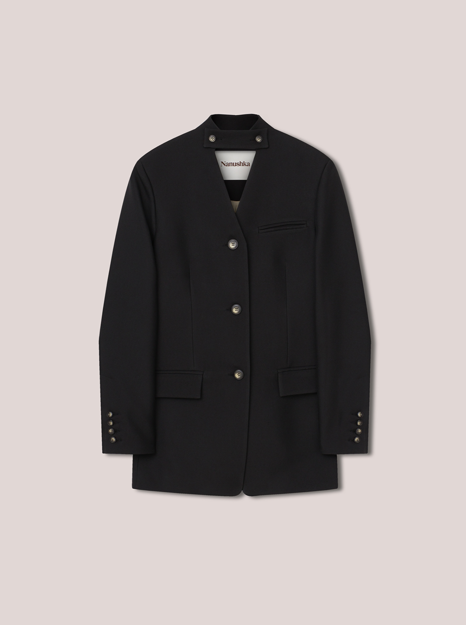 BLACK ANAGO DOUBLE SUITING COLLARLESS JACKET
