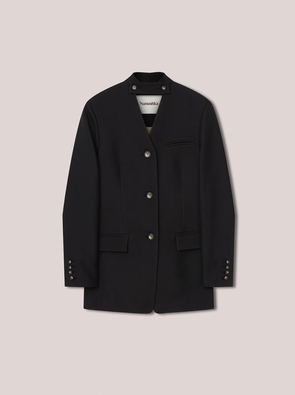 BLACK ANAGO DOUBLE SUITING COLLARLESS JACKET