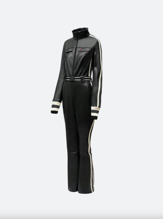 BLACK FAUX LEATHER CRYSTAL SOFT SHELL SKI SUIT