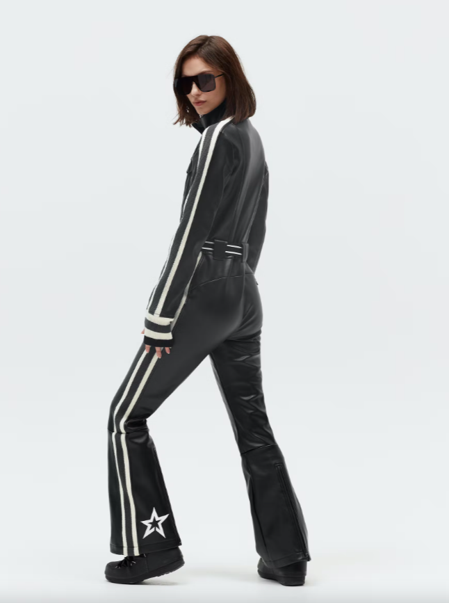 BLACK FAUX LEATHER CRYSTAL SOFT SHELL SKI SUIT