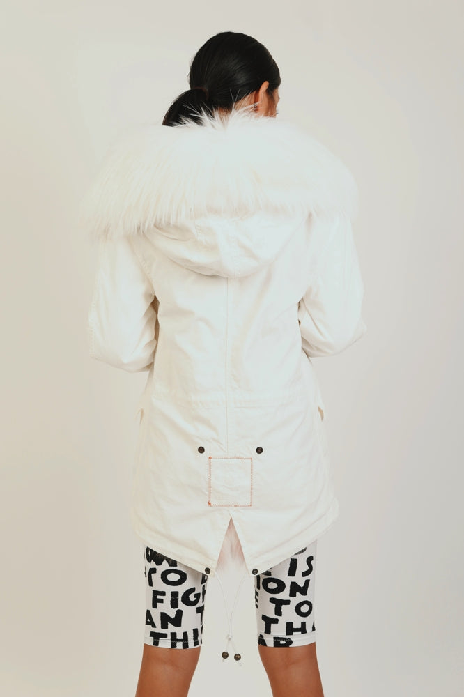 STONE OLD IVORY MINI PARKA - SHADOW FOX RACOON FUR - PINK MOUSE WHITE/ALB. WH