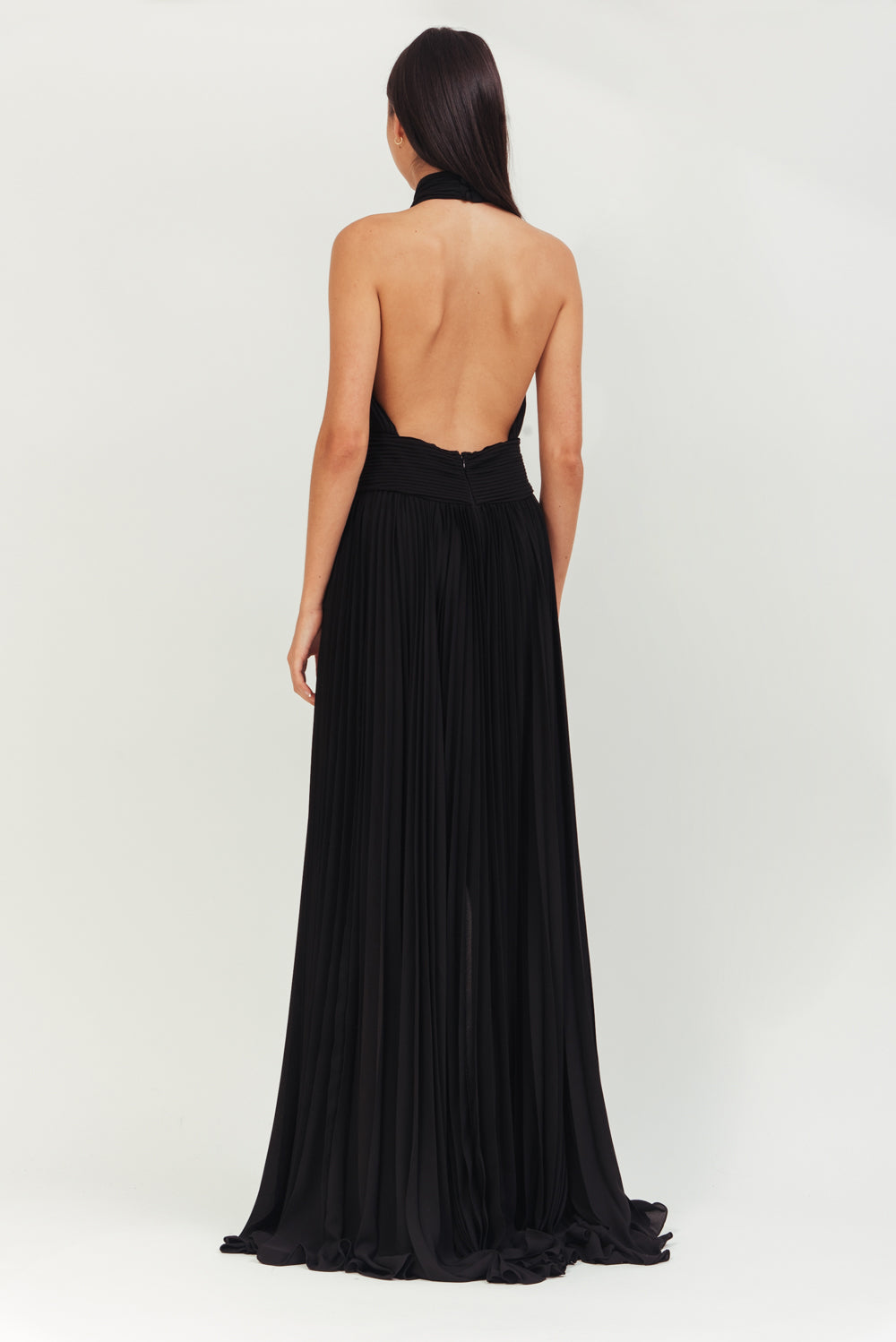 BLACK LONG CREPE PLISSE DRESS WITH X IN FRONT AND OPEN BACK