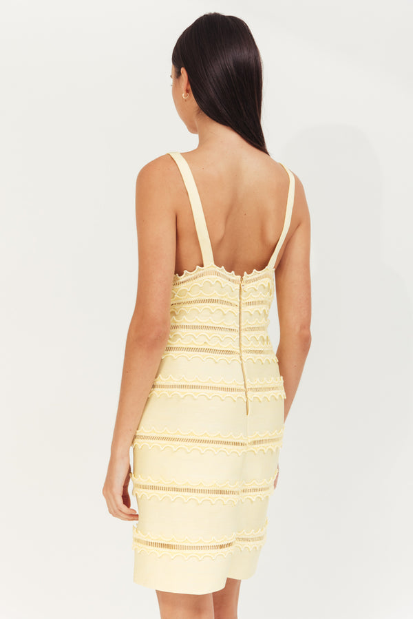 LEMON MINI ELASTIC BANDED DRESS WITH LACE TRIMMING