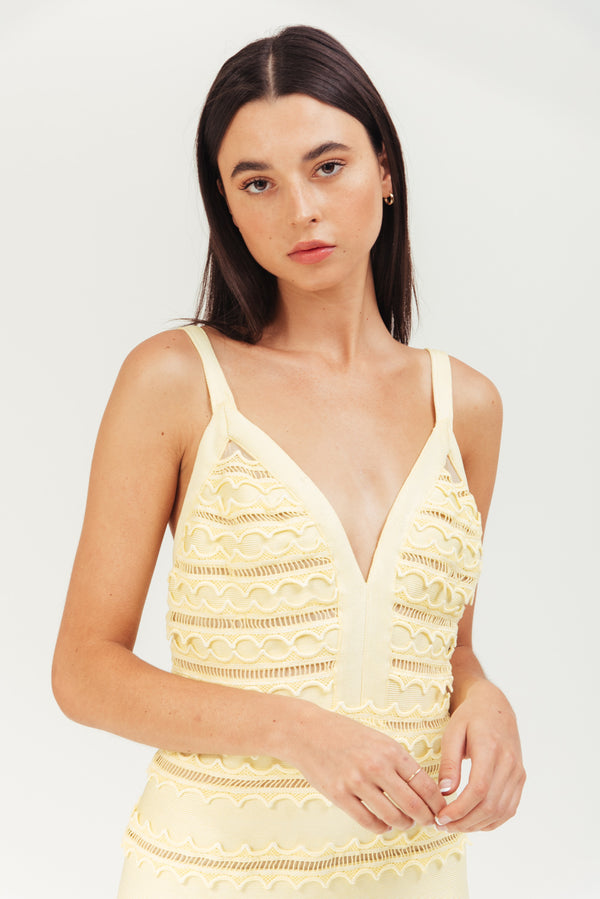 LEMON MINI ELASTIC BANDED DRESS WITH LACE TRIMMING