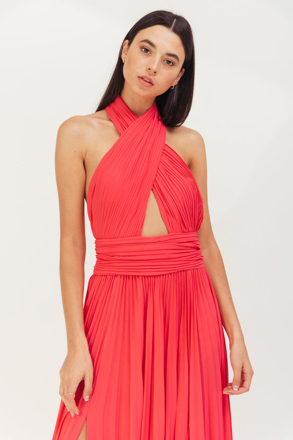 HOTPINK LONG CREPE PLISSE DRESS WITH X IN FRONT AND OPEN BACK