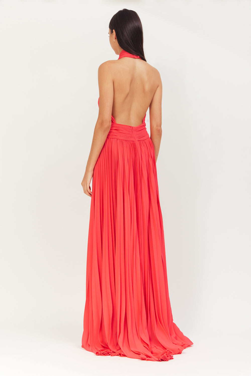 HOTPINK LONG CREPE PLISSE DRESS WITH X IN FRONT AND OPEN BACK