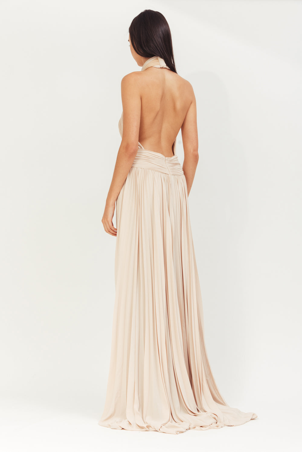 BEIGE LONG CREPE PLISSE DRESS WITH X IN FRONT AND OPEN BACK