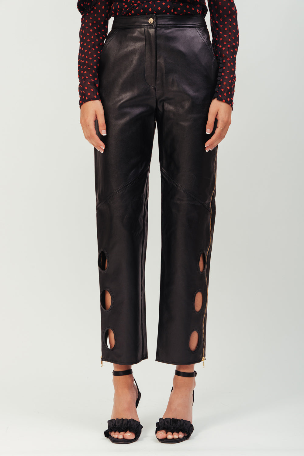 BLACK EYELET TROUSER FAUX LEATHER SP19-005F