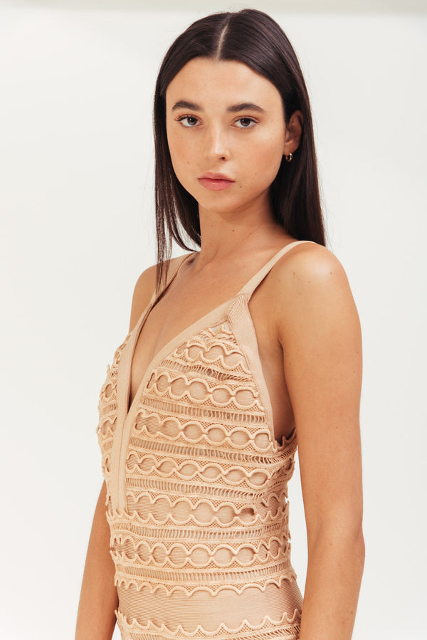 BEIGE MINI ELASTIC BANDED DRESS WITH LACE TRIMMING